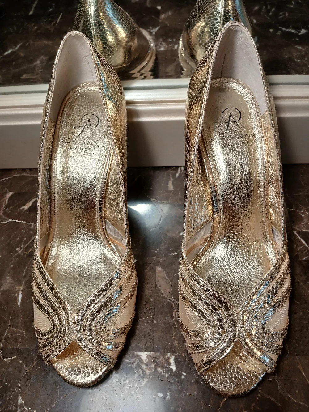 Adrianna Papell Gold Metallic Snake-Texture Peep-Toe Heels